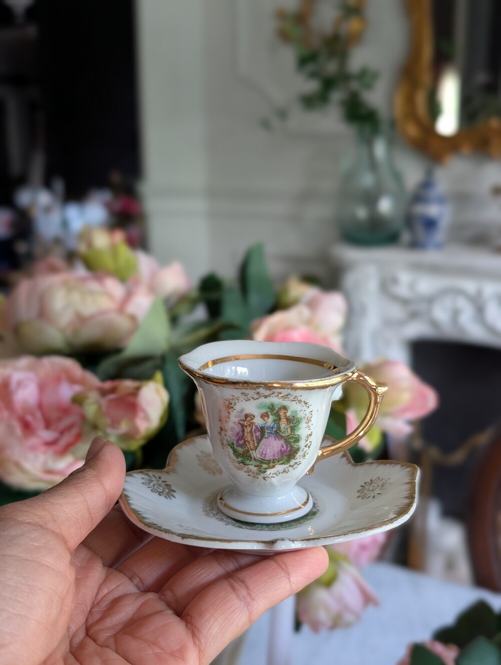 Victorian Courting Couple Demitasse Cup & Saucer Set Maple Leaf Plate and Gilt T